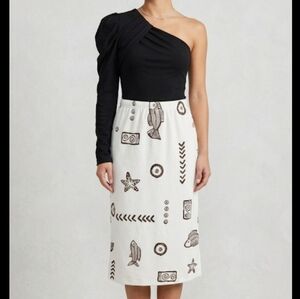 MCM 2 Piece Outfit Sz Small Assymetrical Black Bodysuit & Astec Print Midi Skirt